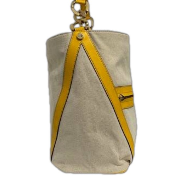 Calvin Klein Large Beige Canvas and Yellow Faux Leather Trim Shoulder Bag - Picture 3 of 5